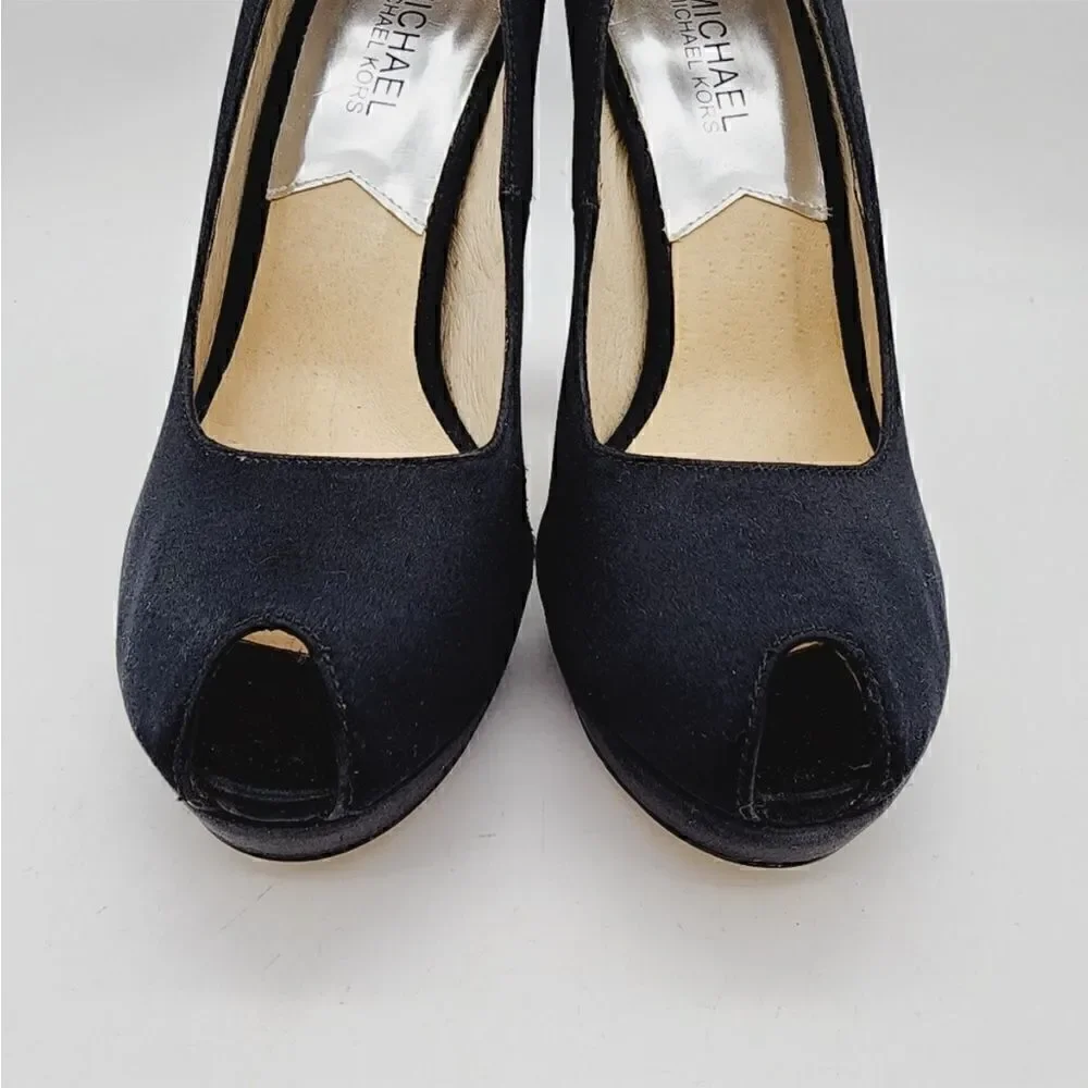 Michael Kors EUC Nadia Black Satin Crystal Heels with Peep Toe Heels